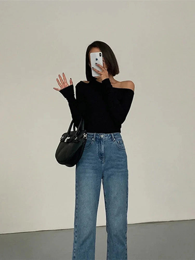 Stilla | Kvindernes Skew Krave Off Shoulder Bluse Peplum Mode Langærmede Toppe