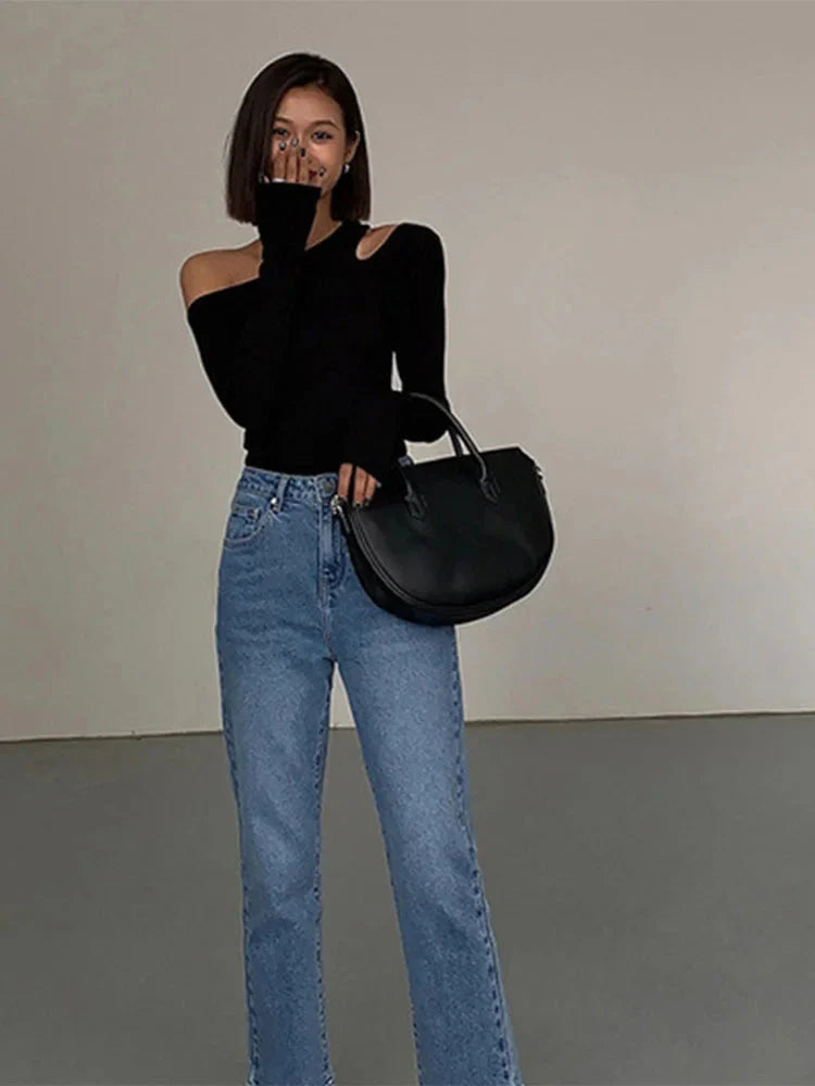 Stilla | Kvindernes Skew Krave Off Shoulder Bluse Peplum Mode Langærmede Toppe