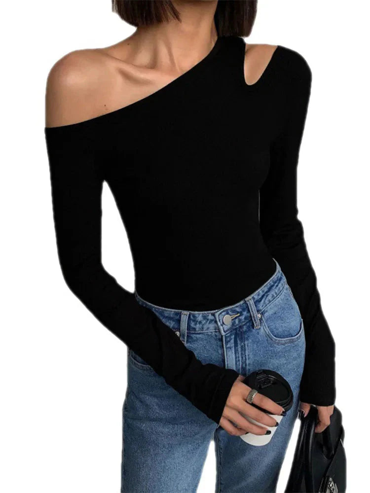 Stilla | Kvindernes Skew Krave Off Shoulder Bluse Peplum Mode Langærmede Toppe