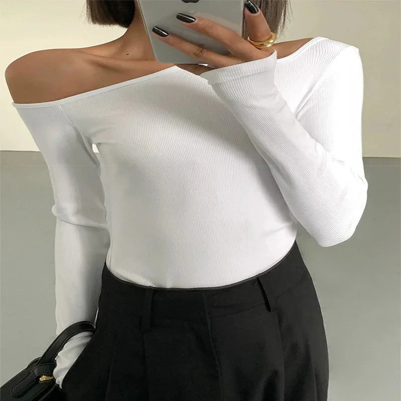 Stilla | Kvindernes Skew Krave Off Shoulder Bluse Peplum Mode Langærmede Toppe
