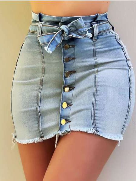 Stilla | Dame Nederdele Høj Talje Stretch Snørebånd Enkelt Breasted Denim Nederdel