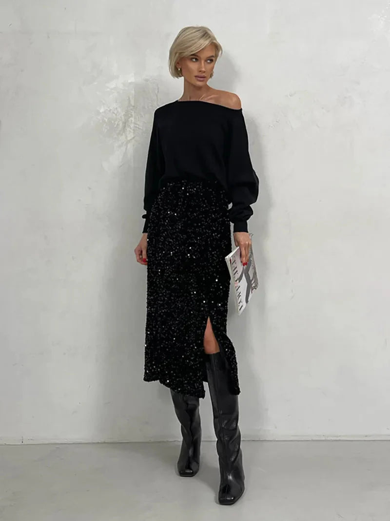 Stilla | Kvinders Split Mode Designer Høj Talje Sequin Nederdele (midi)
