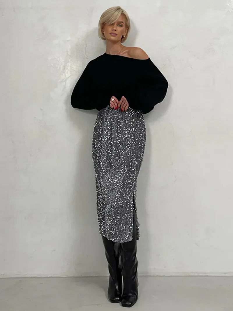 Stilla | Kvinders Split Mode Designer Høj Talje Sequin Nederdele (midi)