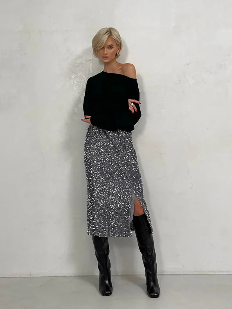 Stilla | Kvinders Split Mode Designer Høj Talje Sequin Nederdele (midi)