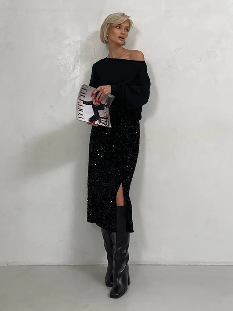 Stilla | Kvinders Split Mode Designer Høj Talje Sequin Nederdele (midi)