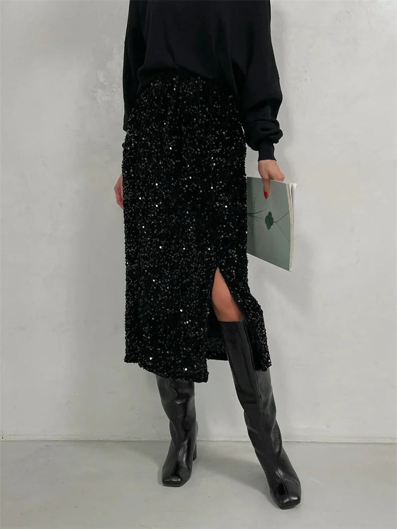 Stilla | Kvinders Split Mode Designer Høj Talje Sequin Nederdele (midi)