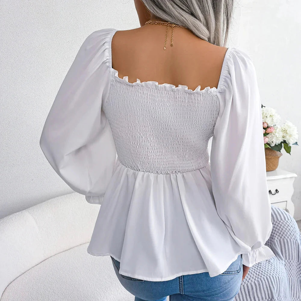 Stilla | Kvinders Square Collar Mode Designer Ruffled Langærmede Toppe
