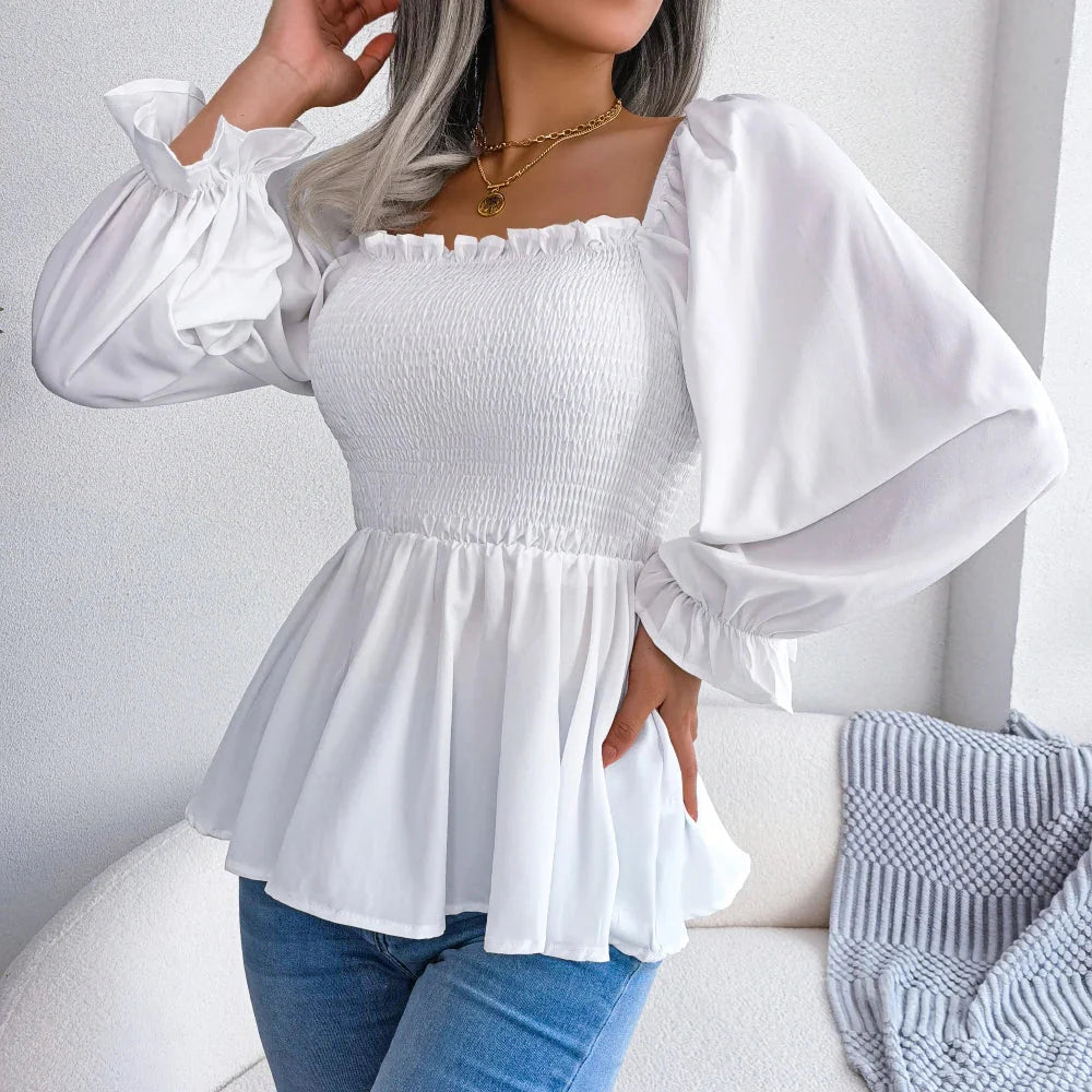 Stilla | Kvinders Square Collar Mode Designer Ruffled Langærmede Toppe