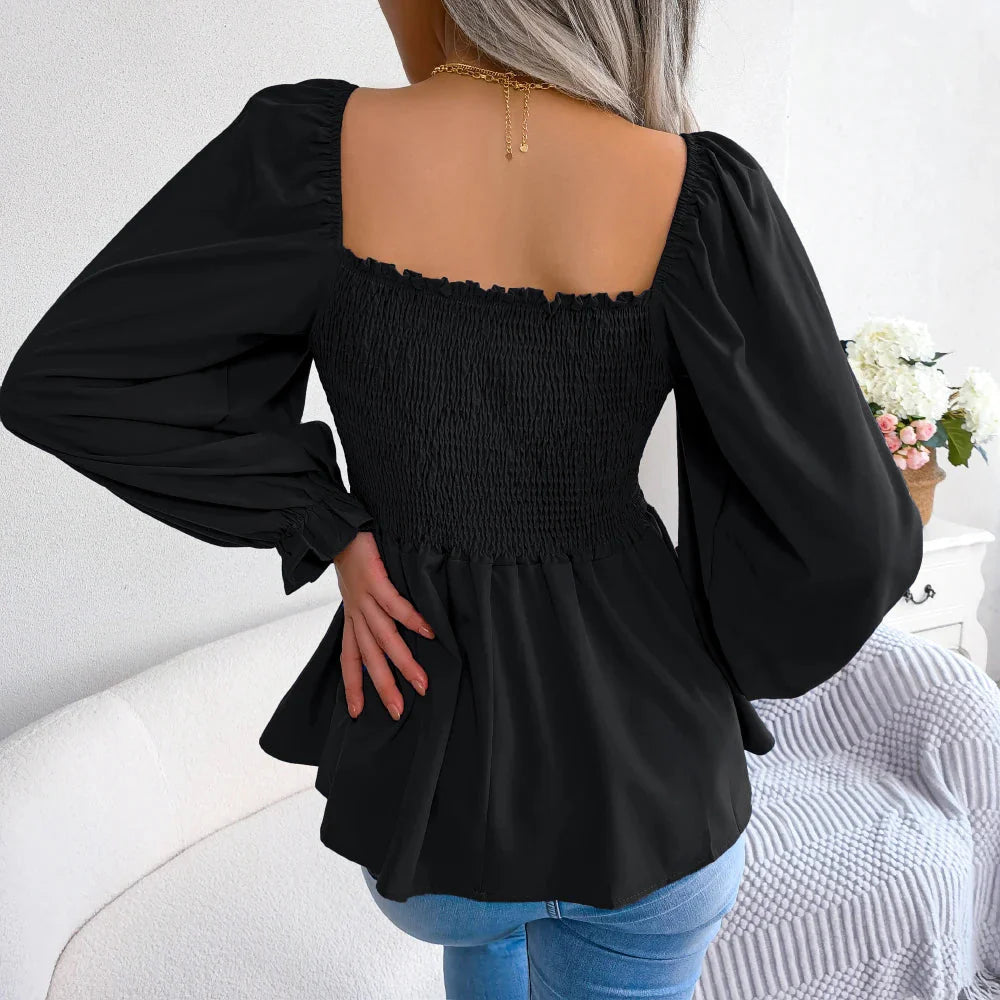 Stilla | Kvinders Square Collar Mode Designer Ruffled Langærmede Toppe