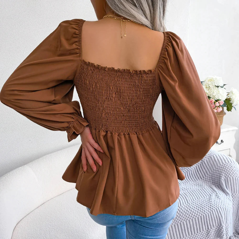 Stilla | Kvinders Square Collar Mode Designer Ruffled Langærmede Toppe