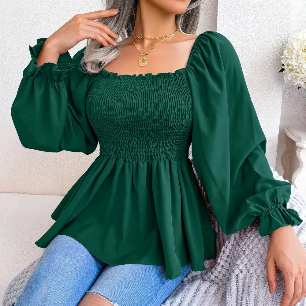 Stilla | Kvinders Square Collar Mode Designer Ruffled Langærmede Toppe