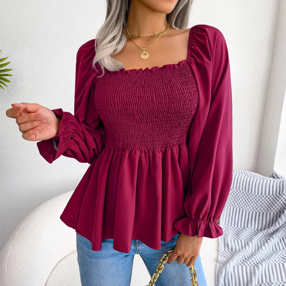 Stilla | Kvinders Square Collar Mode Designer Ruffled Langærmede Toppe