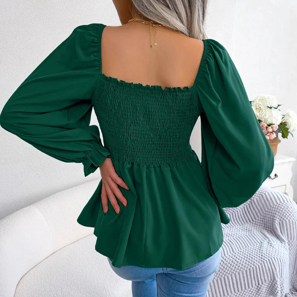 Stilla | Kvinders Square Collar Mode Designer Ruffled Langærmede Toppe