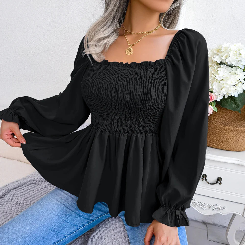 Stilla | Kvinders Square Collar Mode Designer Ruffled Langærmede Toppe