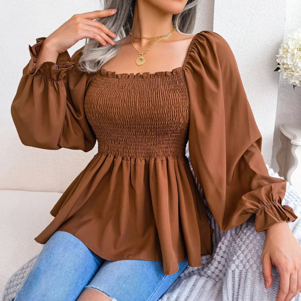 Stilla | Kvinders Square Collar Mode Designer Ruffled Langærmede Toppe