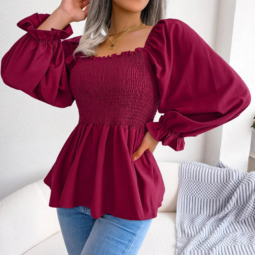 Stilla | Kvinders Square Collar Mode Designer Ruffled Langærmede Toppe