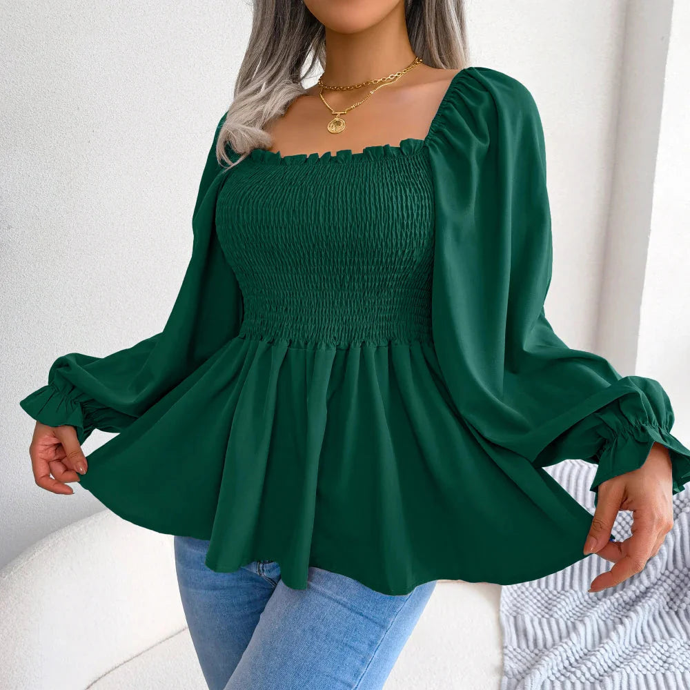 Stilla | Kvinders Square Collar Mode Designer Ruffled Langærmede Toppe