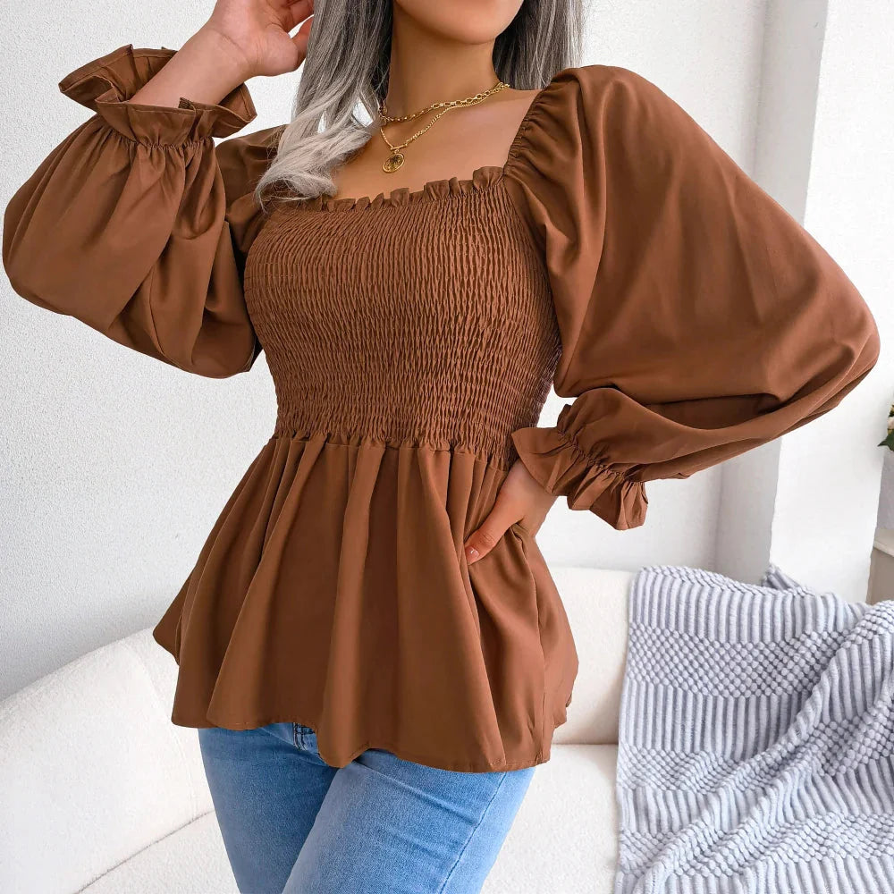 Stilla | Kvinders Square Collar Mode Designer Ruffled Langærmede Toppe