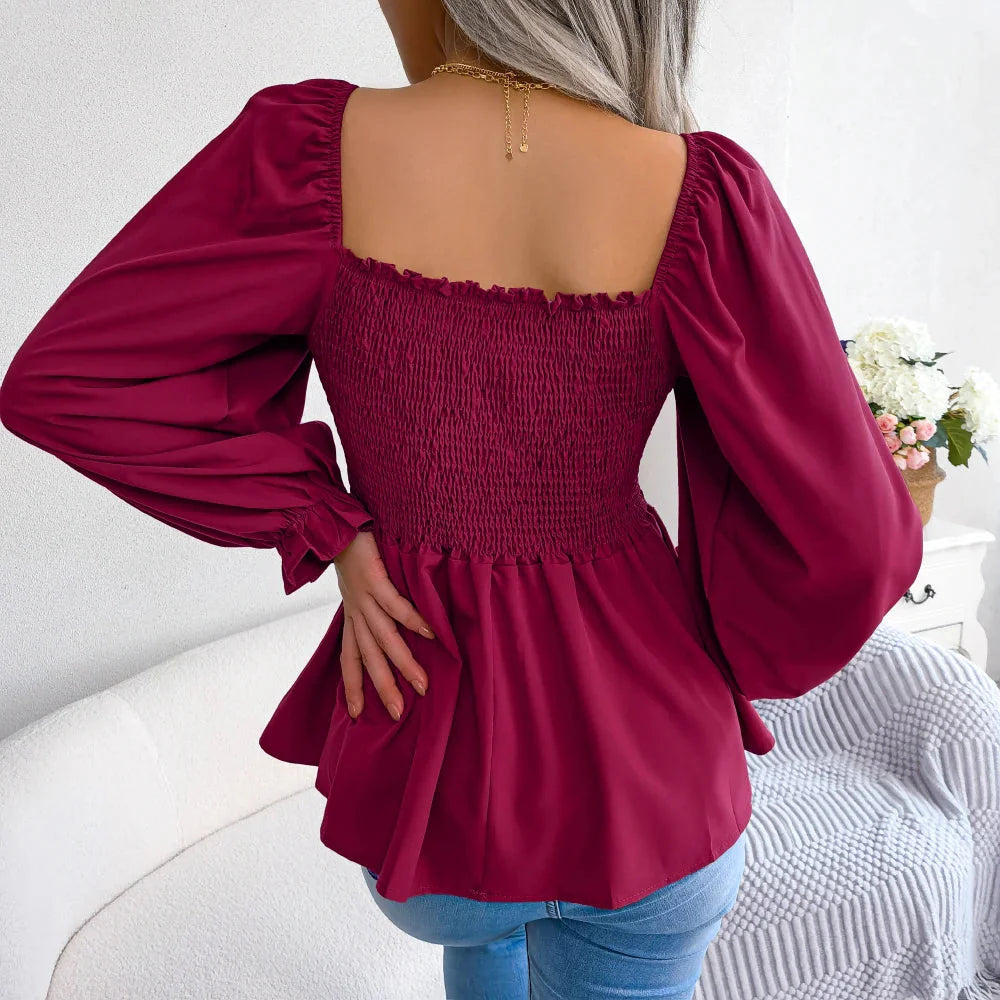 Stilla | Kvinders Square Collar Mode Designer Ruffled Langærmede Toppe