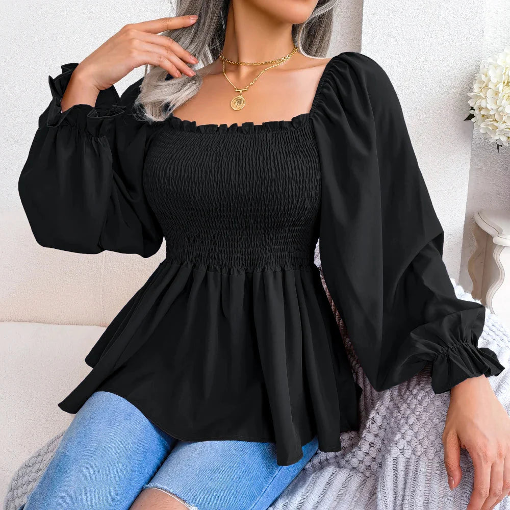 Stilla | Kvinders Square Collar Mode Designer Ruffled Langærmede Toppe