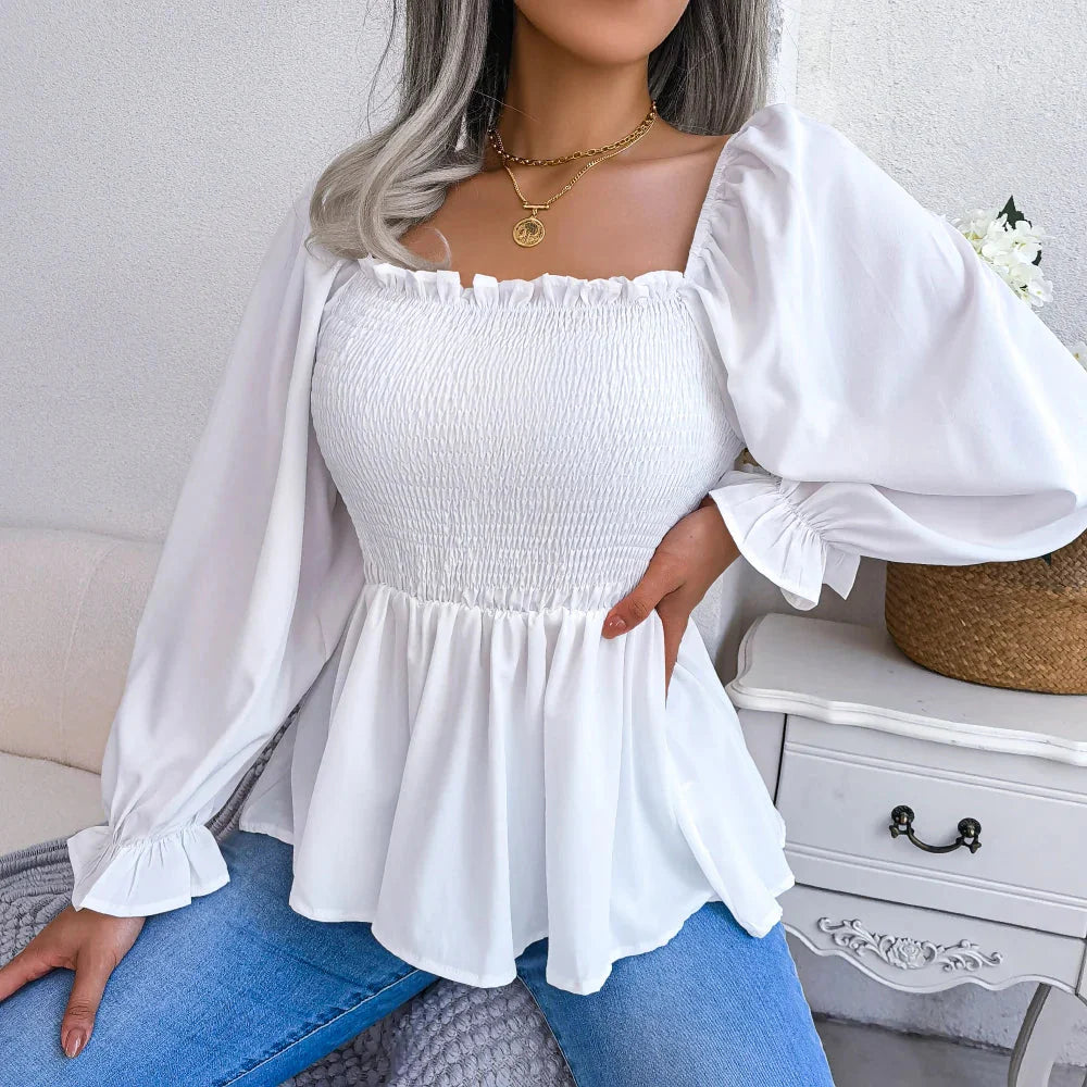 Stilla | Kvinders Square Collar Mode Designer Ruffled Langærmede Toppe