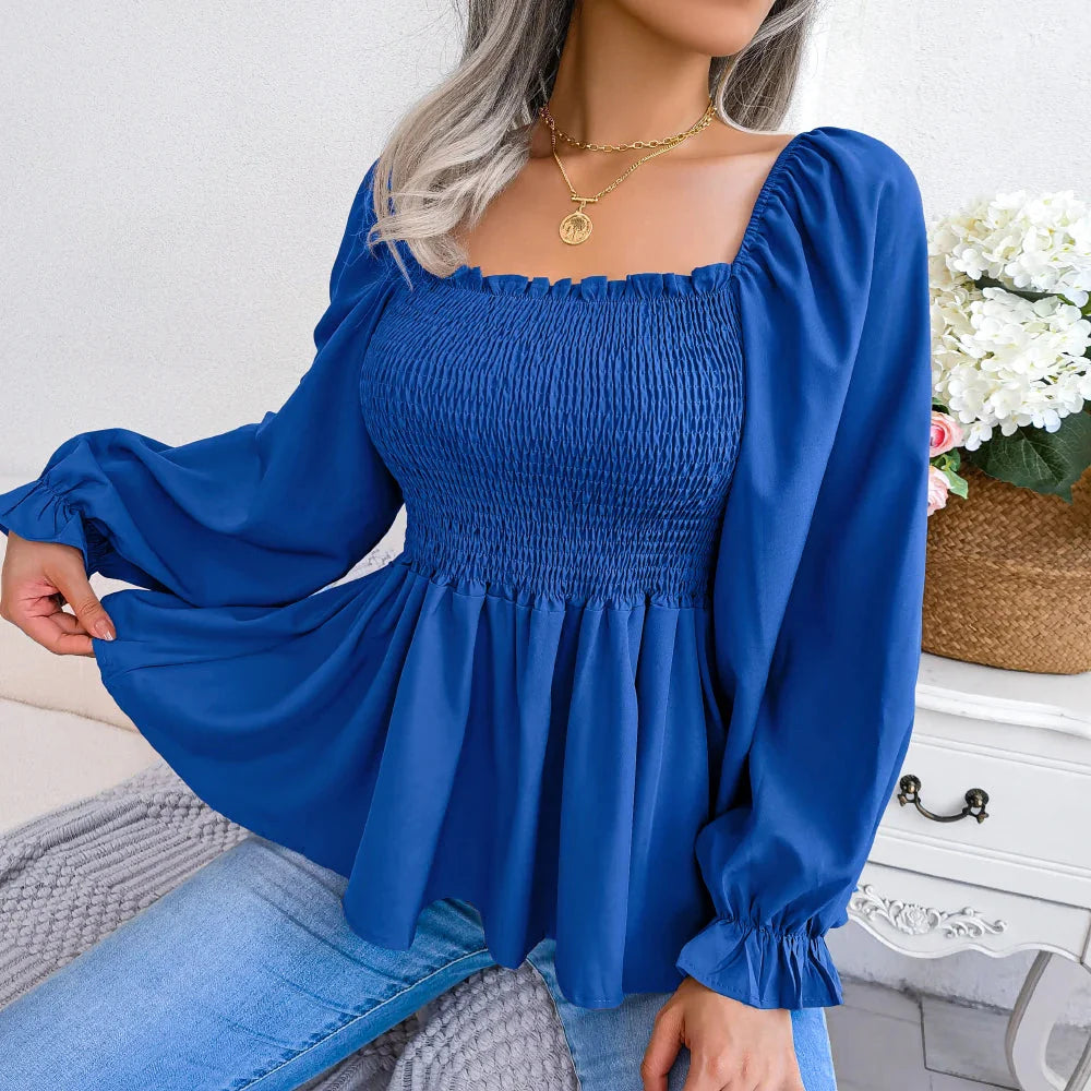 Stilla | Kvinders Square Collar Mode Designer Ruffled Langærmede Toppe