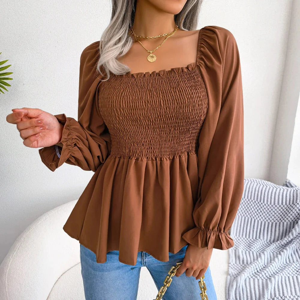Stilla | Kvinders Square Collar Mode Designer Ruffled Langærmede Toppe
