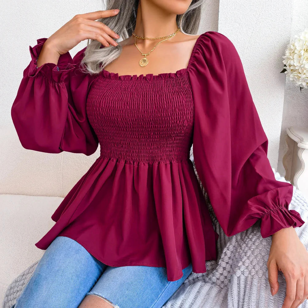 Stilla | Kvinders Square Collar Mode Designer Ruffled Langærmede Toppe