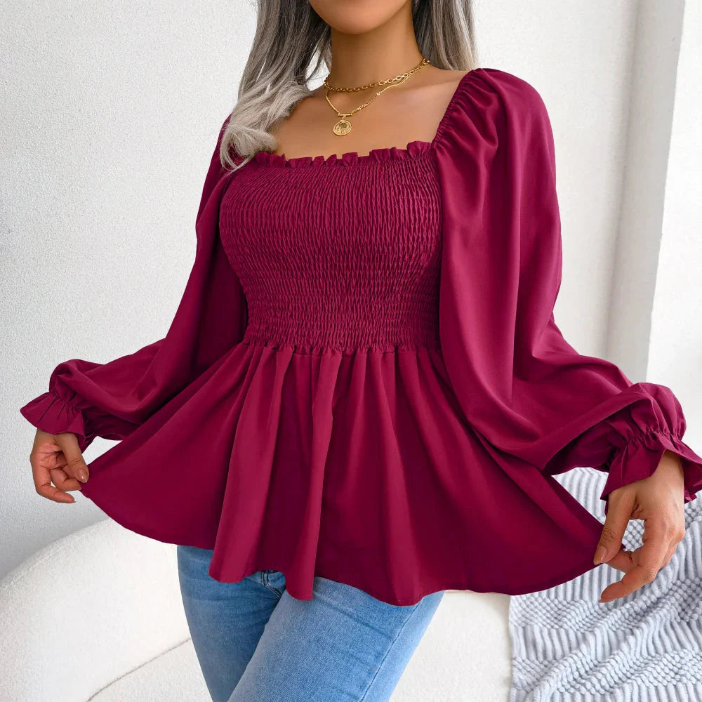 Stilla | Kvinders Square Collar Mode Designer Ruffled Langærmede Toppe