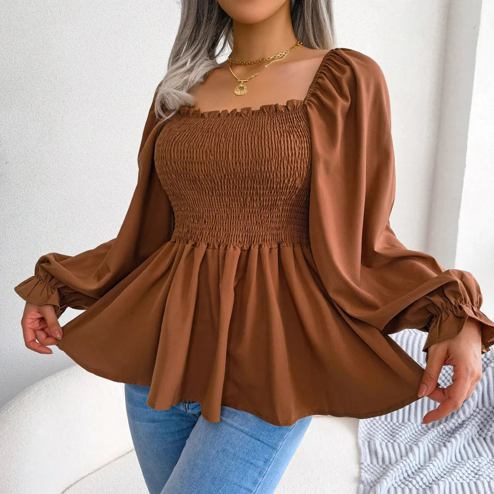 Stilla | Kvinders Square Collar Mode Designer Ruffled Langærmede Toppe