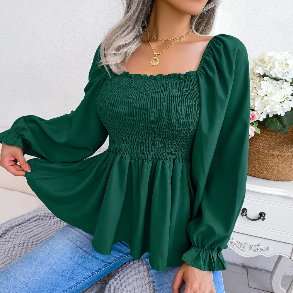 Stilla | Kvinders Square Collar Mode Designer Ruffled Langærmede Toppe