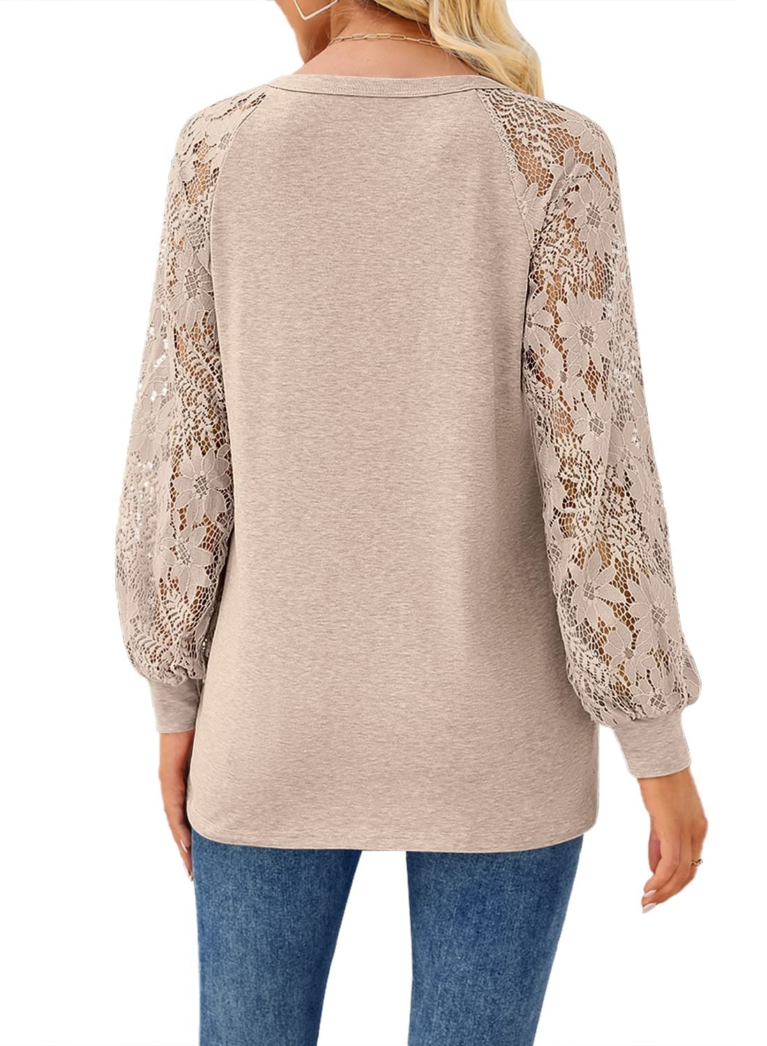 Stilla | Kvinders T-shirts Langærmet Blonde V-hals Knap Løs T-shirt