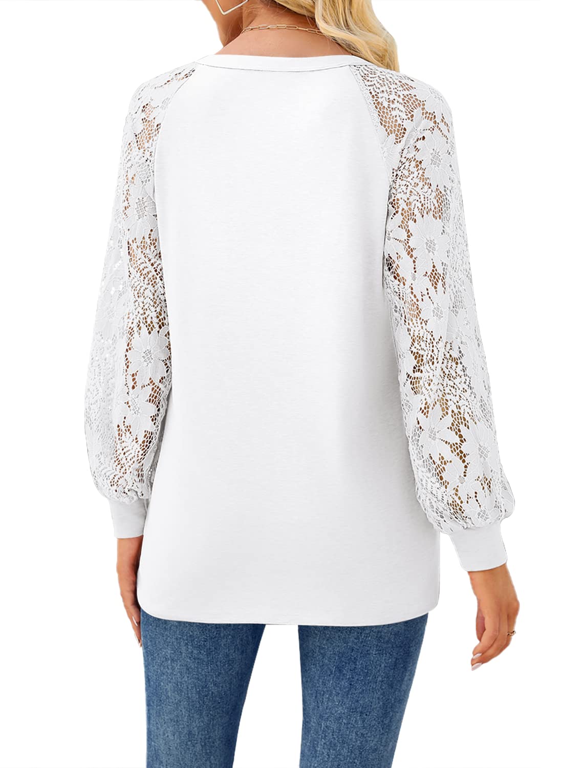 Stilla | Kvinders T-shirts Langærmet Blonde V-hals Knap Løs T-shirt