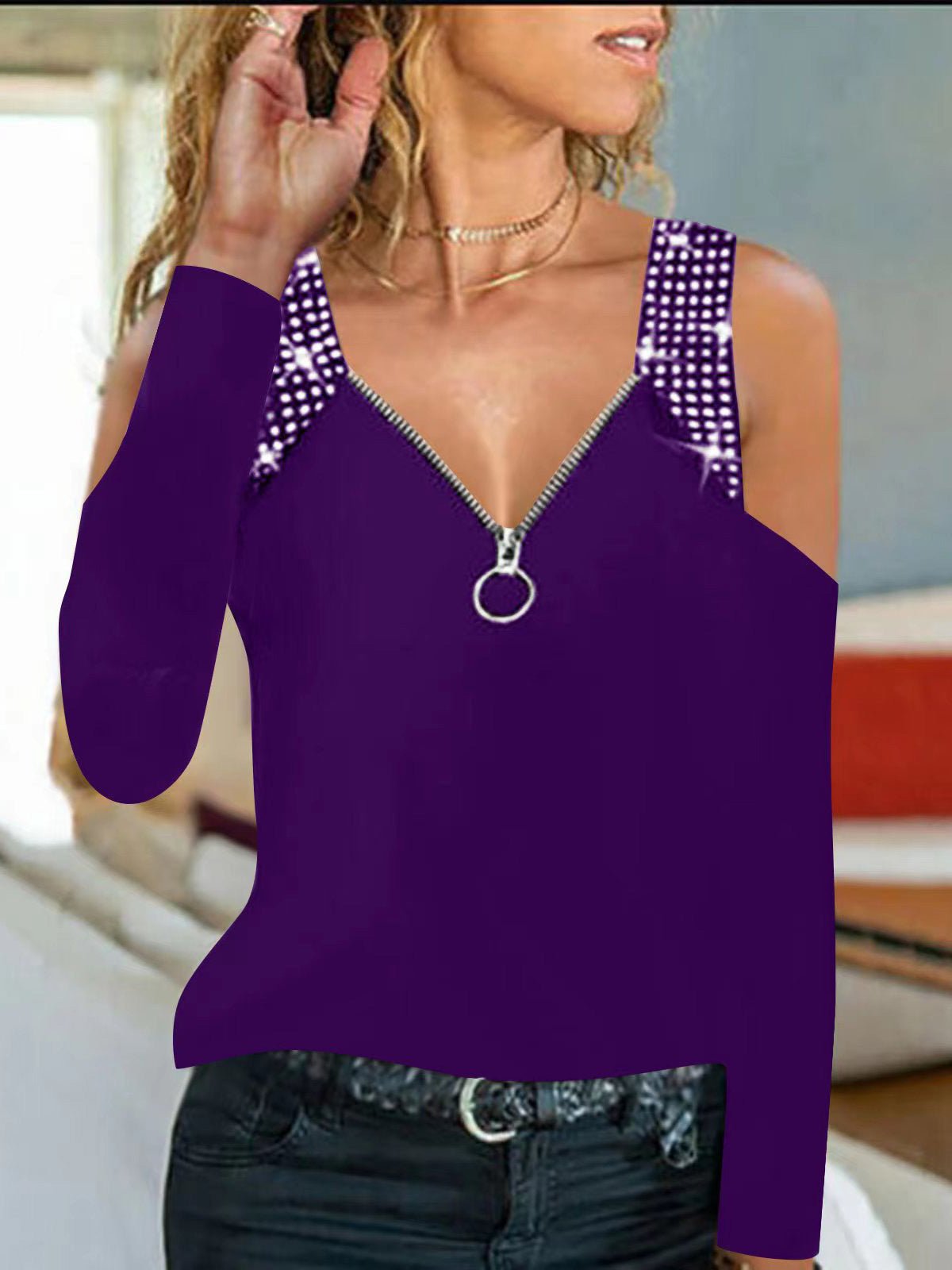Stilla | Kvinder T-shirts V-hals Lynlås Hot Drill Off Shoulder T-shirt