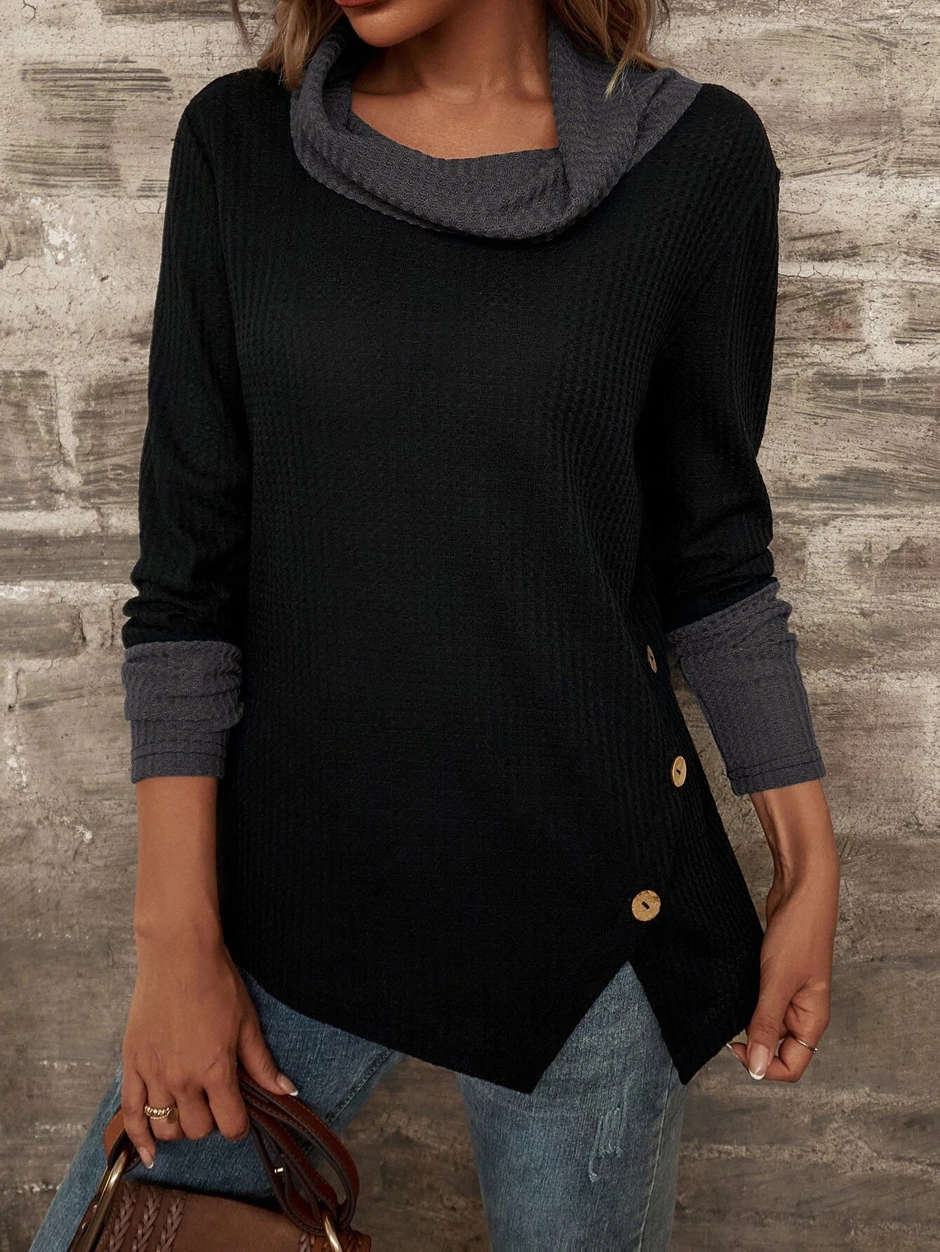 Stilla | Dame T-shirts Vaffel Halv Turtleneck Slids Langærmet T-shirt