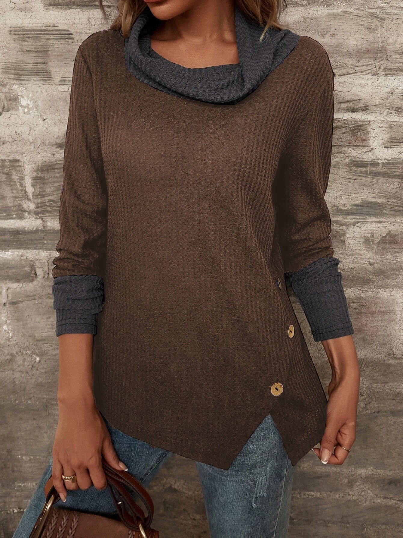 Stilla | Dame T-shirts Vaffel Halv Turtleneck Slids Langærmet T-shirt