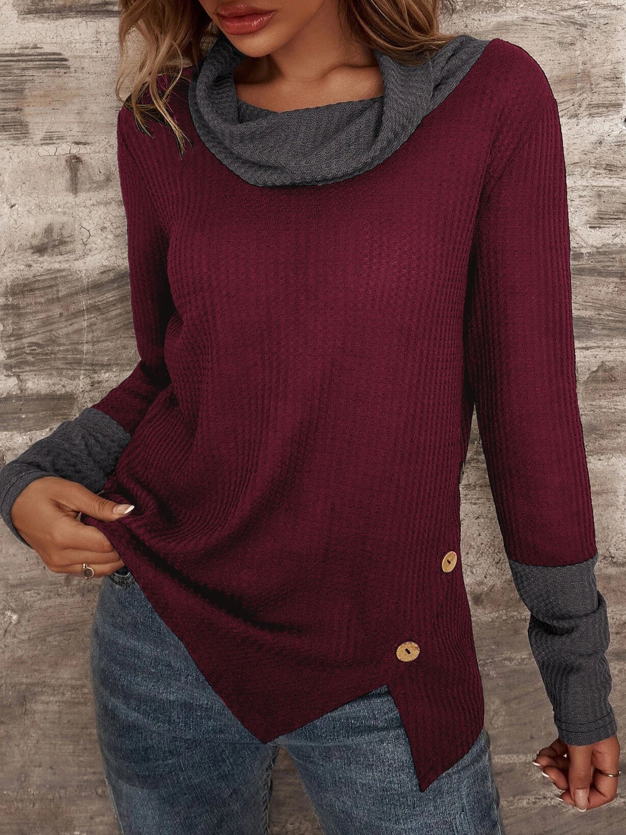 Stilla | Dame T-shirts Vaffel Halv Turtleneck Slids Langærmet T-shirt