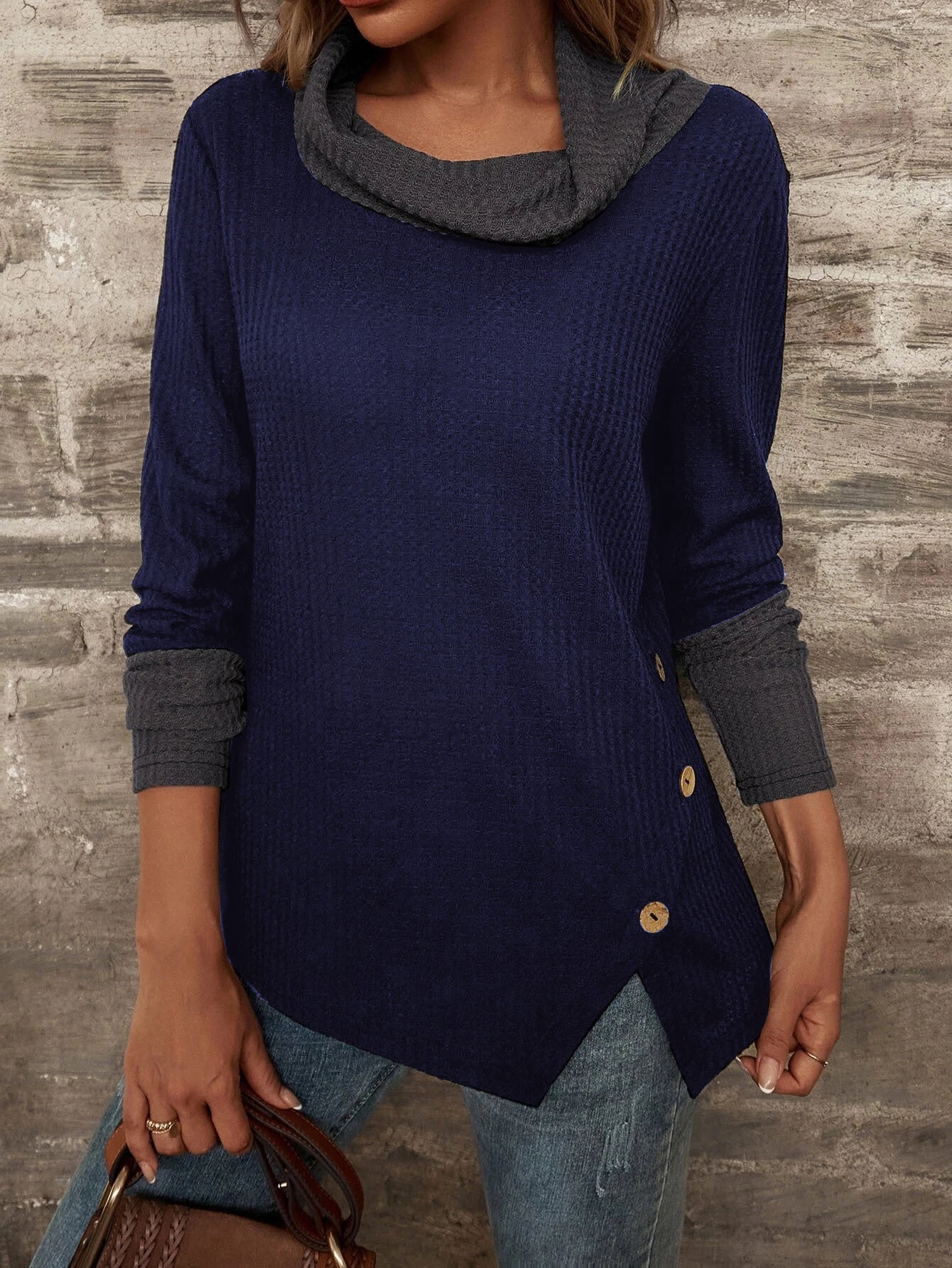 Stilla | Dame T-shirts Vaffel Halv Turtleneck Slids Langærmet T-shirt