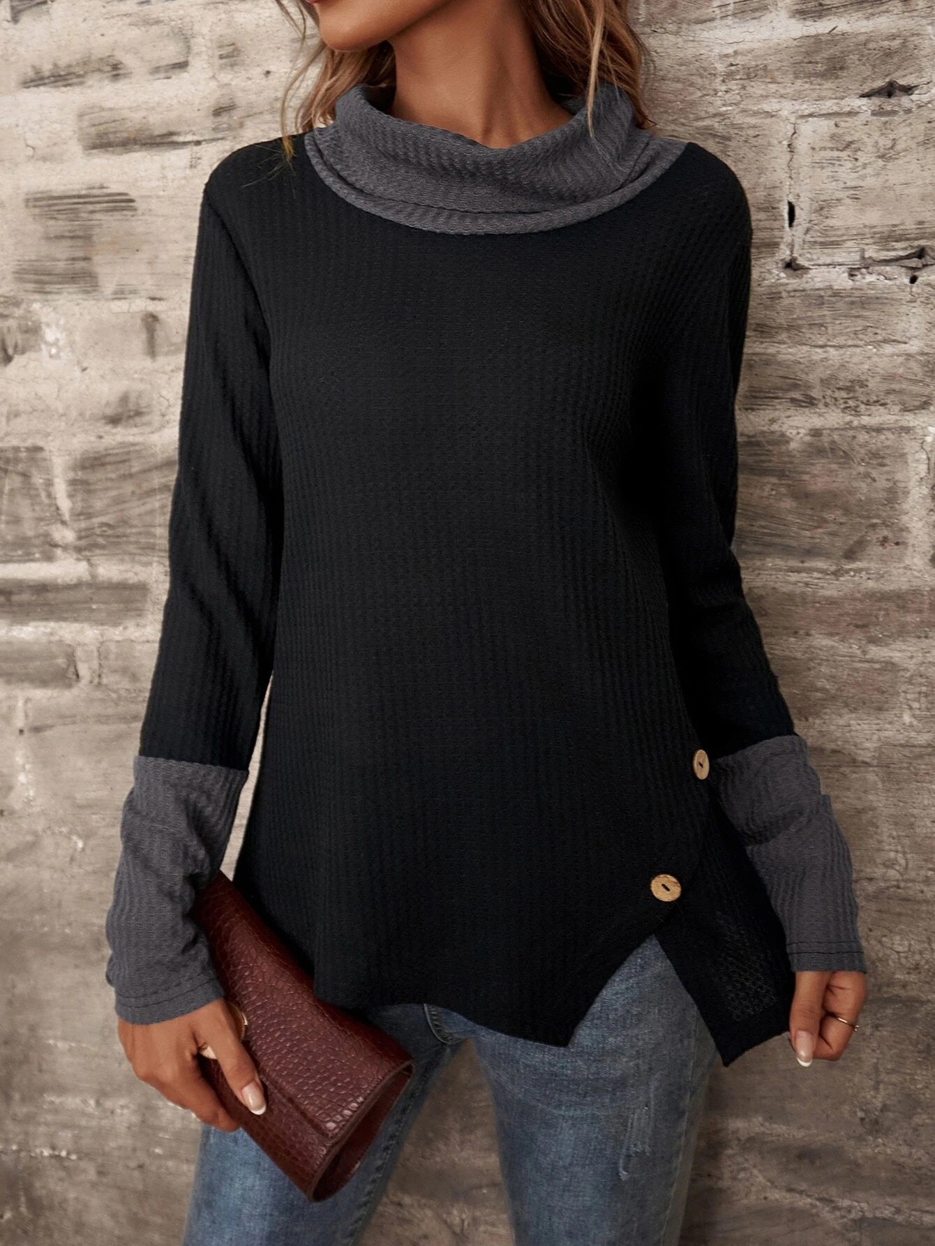 Stilla | Dame T-shirts Vaffel Halv Turtleneck Slids Langærmet T-shirt