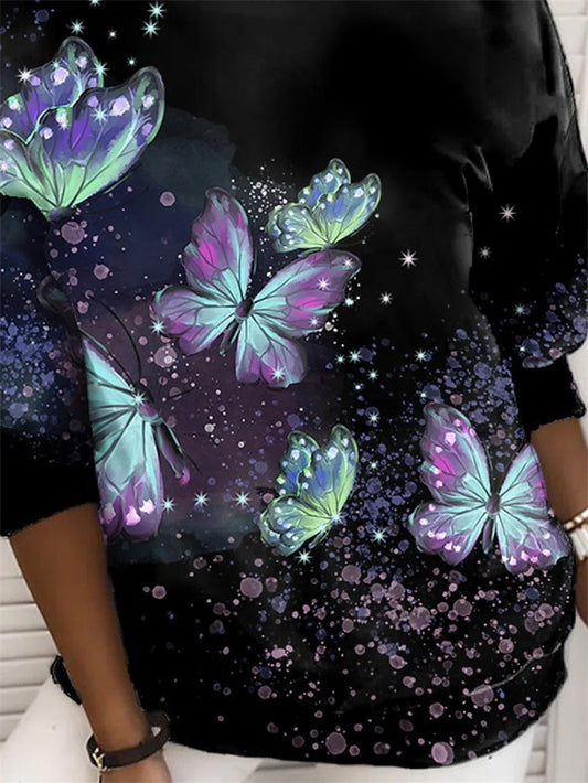 Stilla | Kvinders T-shirts Sommerfugl Print Rund Hals Lange Ærmer T-shirt