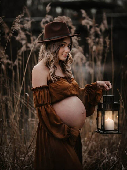 Stilla | Marrone 2 in 1 Boemia Rynker Snore Skuldre Ude Maxi Fotografisk Maternity Kjoler