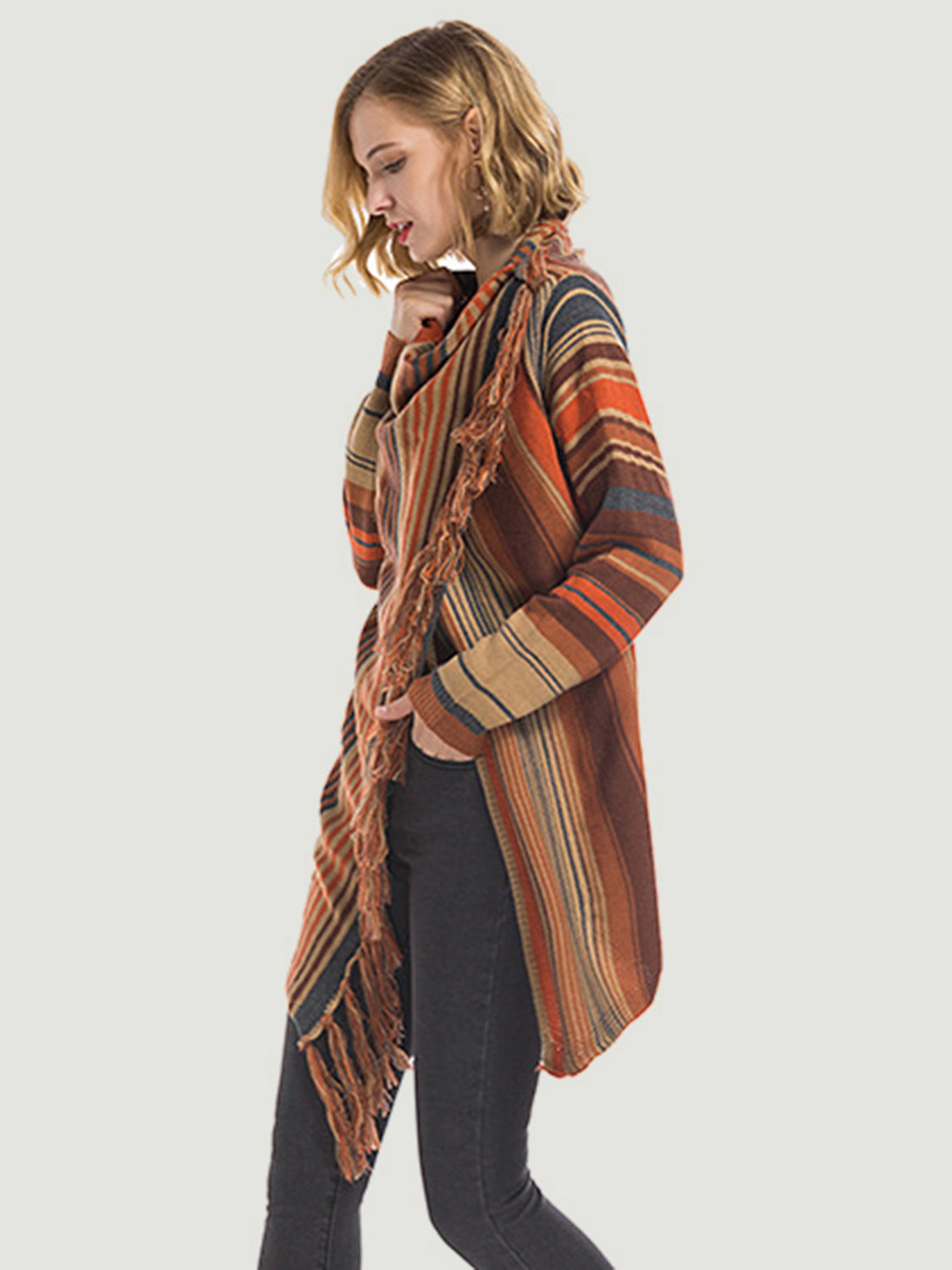 Stilla | Vinger Fringe Stribet Åben Front Langærmet Cardigan