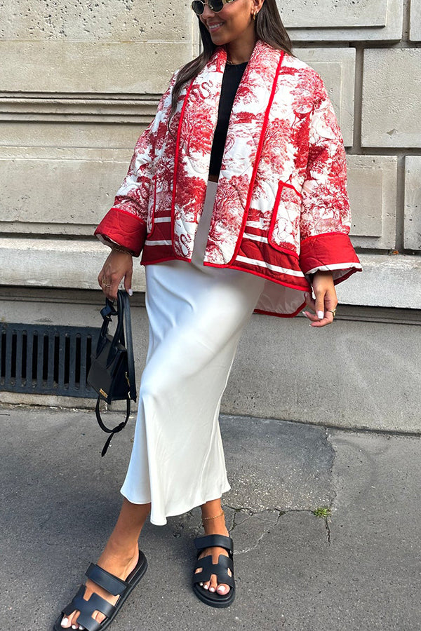 Stilla | Songs Porcelæns Tinte Trykt Taske Stoppet Bomulds Kimono Jakke