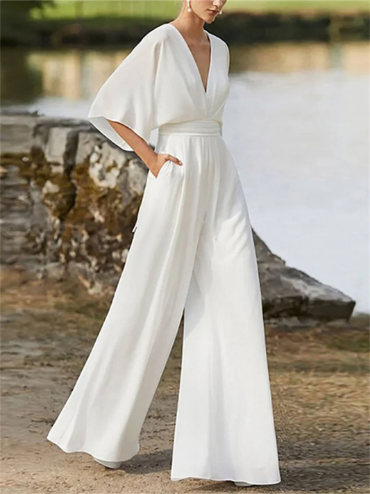 Stilla | Elegant Jumpsuit med Brede Ben og V-Hals til Kvinder