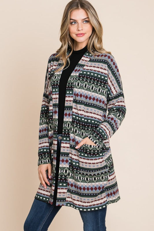 Stilla | Geometrisk Åben Front Langærmet Cardigan med Lommer