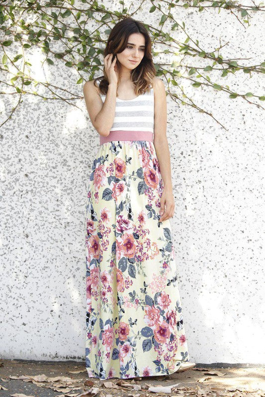 Stilla | Gul Blomster Grå Stripe Top Maxi Kjole