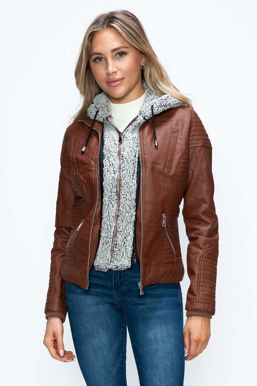 Stilla | Faux Layered Double-Zipper Jacket with Fuzzy Hood