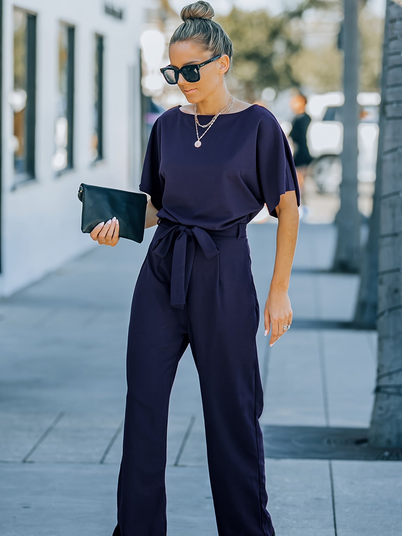 Stilla | Høj Talje Bred Ben Kortærmet Bælte Jumpsuit