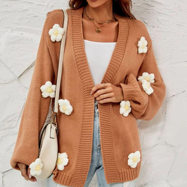 Stilla | Blomstret Strikket Cardigan Polyester Brun, Blomsterdetaljer, Komfortabel