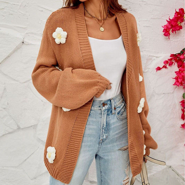 Stilla | Blomstret Strikket Cardigan Polyester Brun, Blomsterdetaljer, Komfortabel